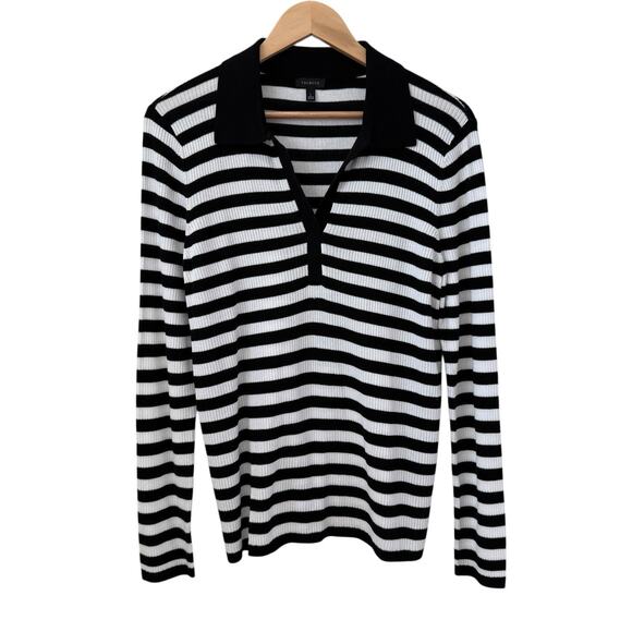 Talbots Size L Ribbed Knit Johnny Collar Pullover Mariner Stripe Top Black White - Picture 2 of 7